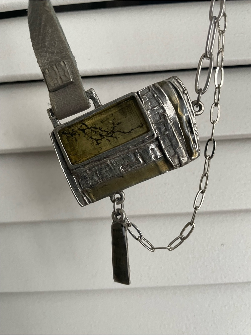 NES Asymmetrical Statement Necklace - Etched Metal & Leather - Grey/Moss